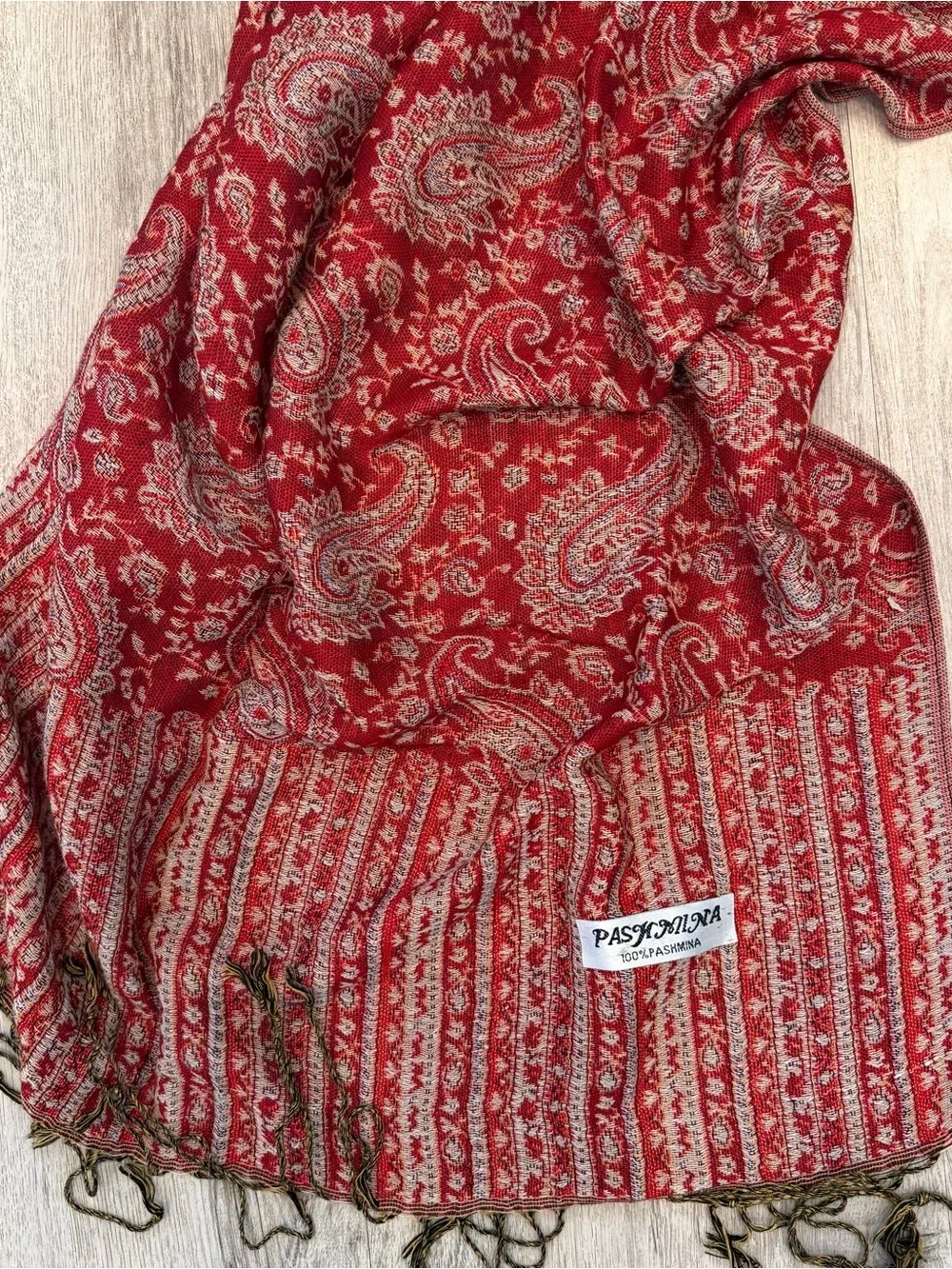 100% Pashmina Red Paisley Fringe Shawl Wrap Scarf